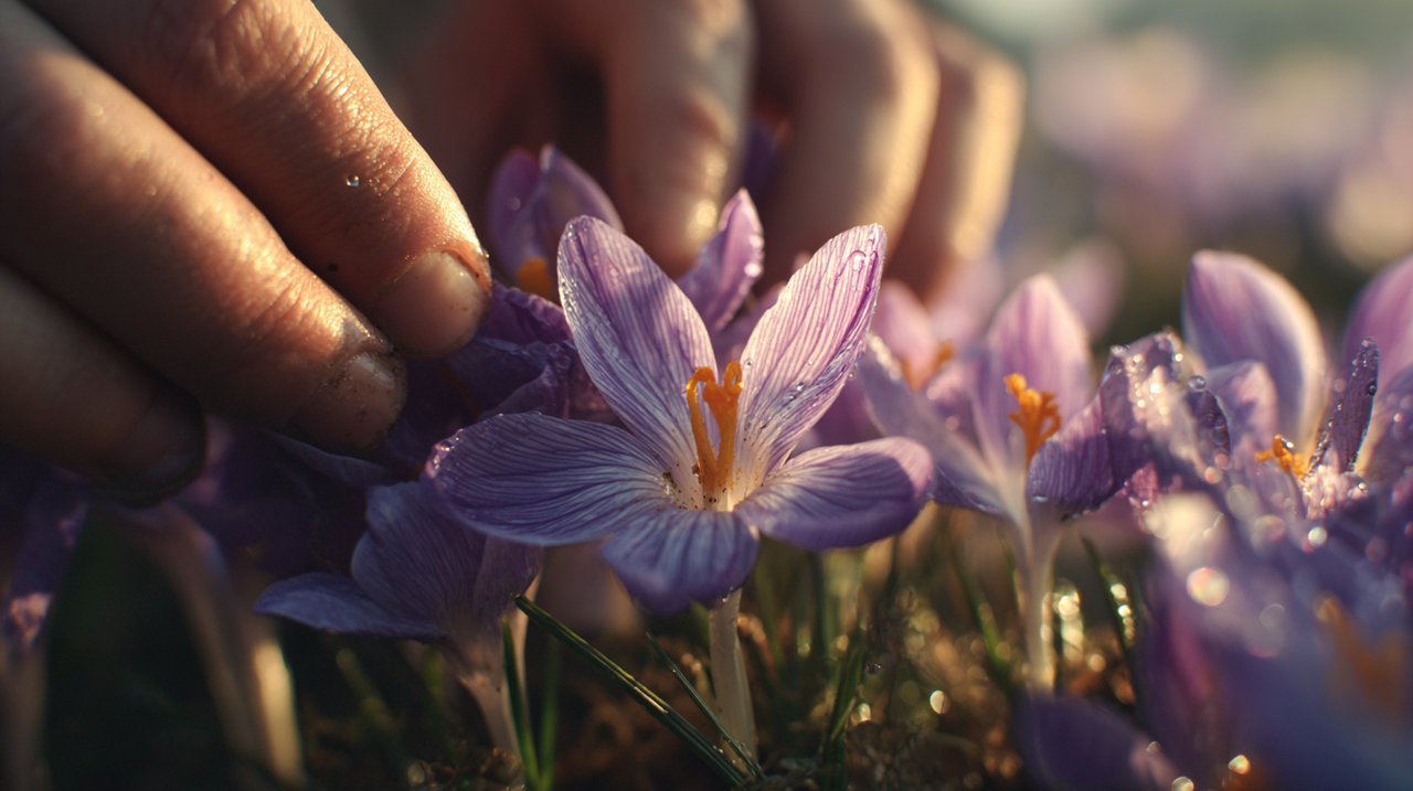 Mãos hábeis colhendo delicadamente estigmas carmesim de flores roxas de Crocus sativus em um campo ensolarado.