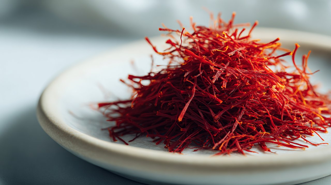 Fios de açafrão vermelho vibrante meticulosamente arranjados em um prato branco limpo, brilhando sob iluminação natural suave.