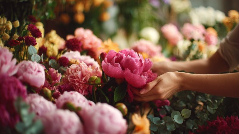 Hands arranging a vibrant bouquet in a modern flower shop.