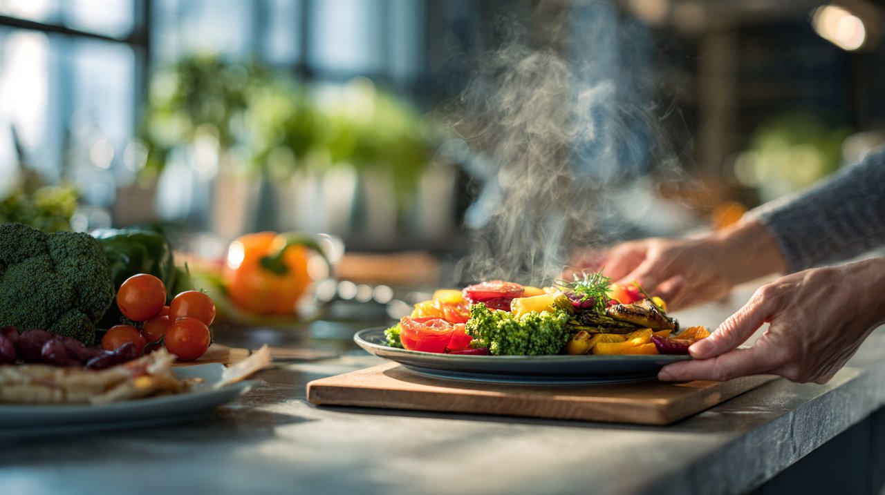 A parent preparing a warm meal in a modern kitchen, a gesture of love.