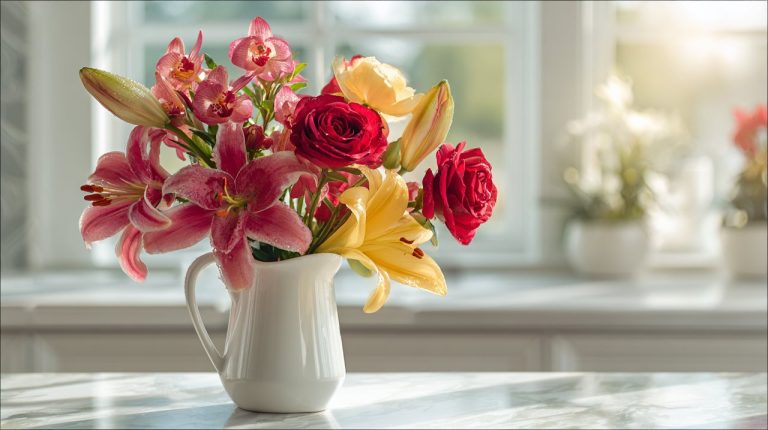 A vibrant bouquet of red and yellow flowers, featuring roses, lilies, and orchids, arranged for a birthday in Guangzhou.