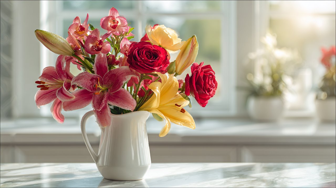 A vibrant bouquet of red and yellow flowers, featuring roses, lilies, and orchids, arranged for a birthday in Guangzhou.
