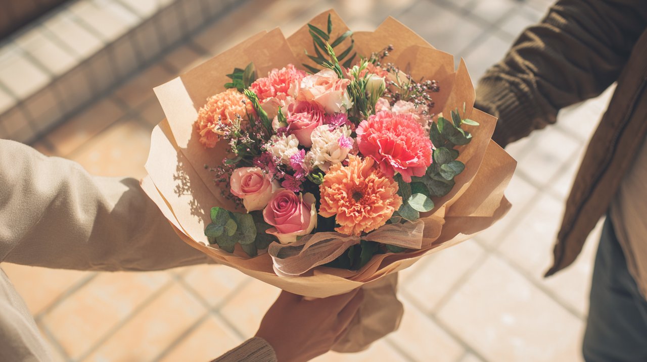 Destinatário a receber um bouquet de flores lindamente embrulhado à porta de uma casa moderna em Pequim.