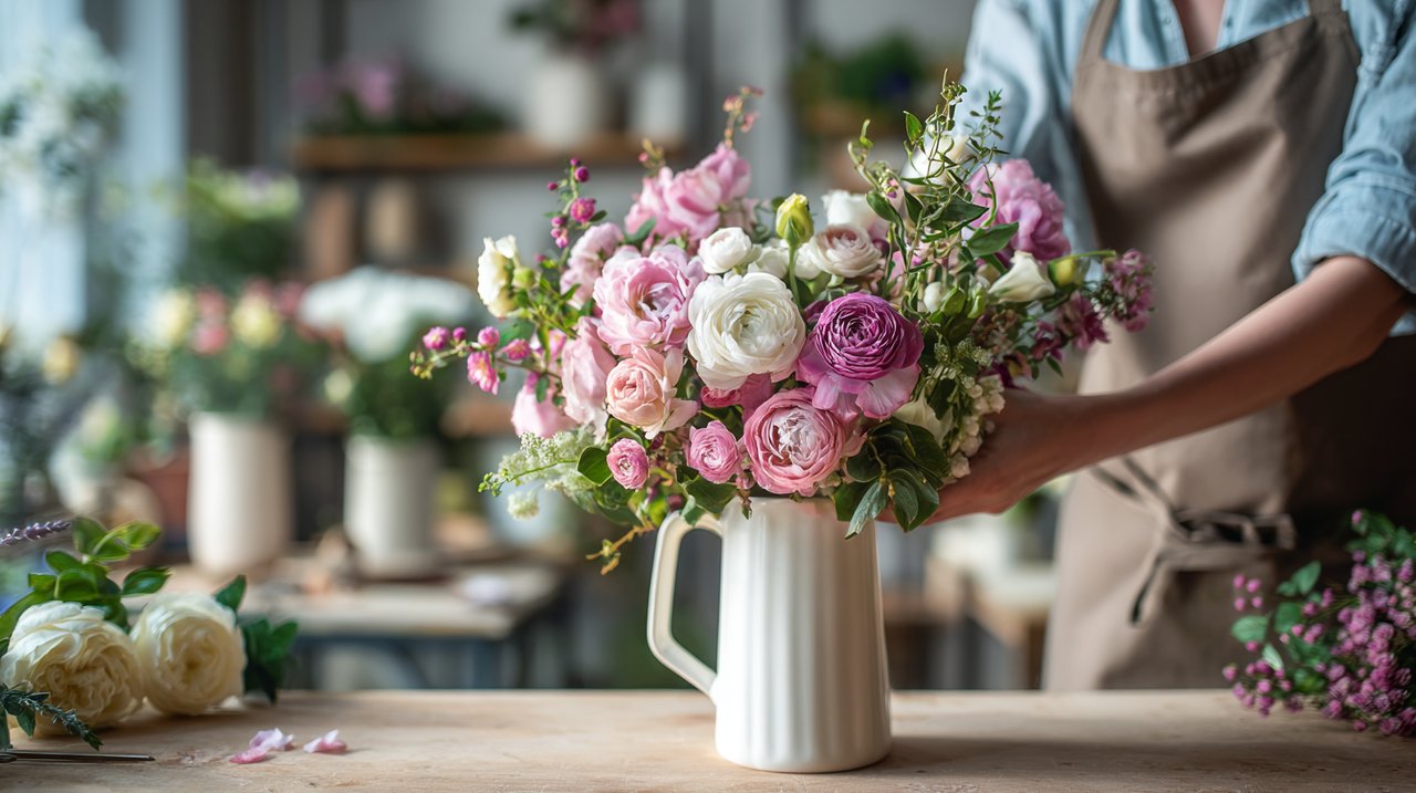 Florist's hands arranging flowers in a bright modern flower shop.