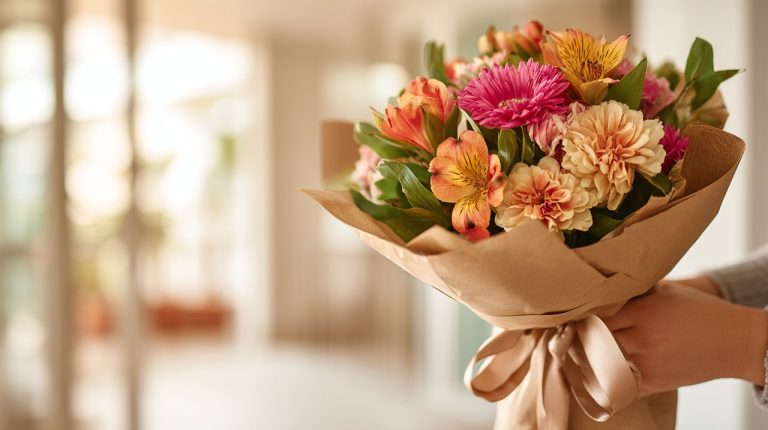 Recipient's hands gently receiving a beautifully wrapped bouquet of fresh flowers at a modern entryway.