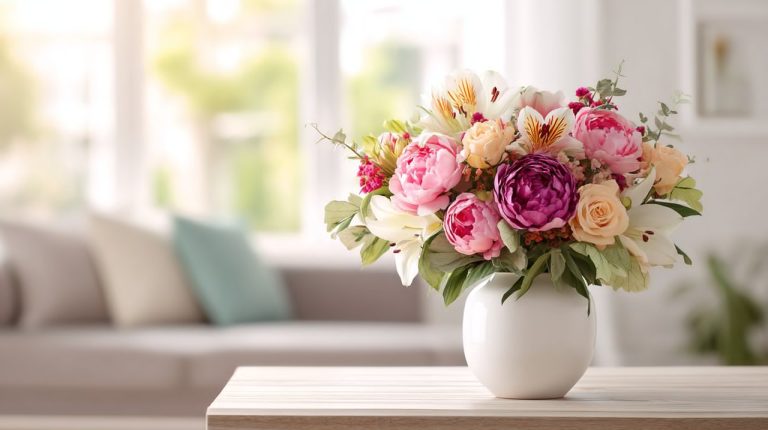 A meticulously arranged bouquet of mixed flowers in a modern living room setting, symbolizing thoughtful planning.