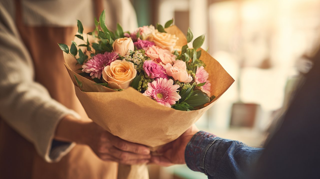 A beautifully presented flower bouquet being received with joy.