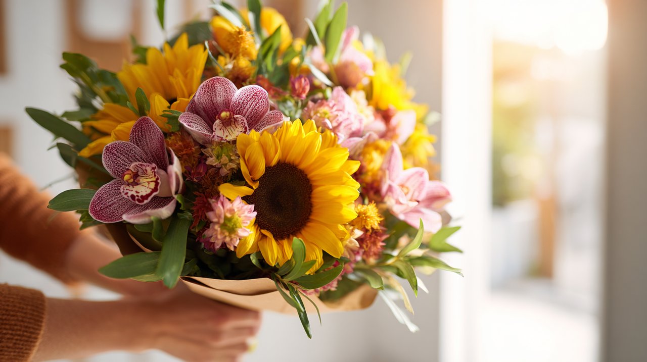 A recipient happily receiving a fresh, vibrant bouquet of seasonal flowers.