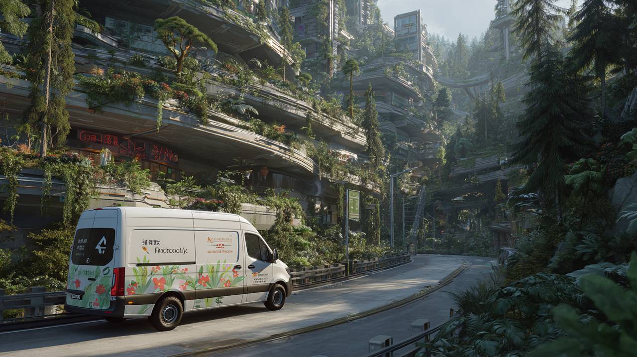 A delivery vehicle navigating Chongqing's unique mountain city landscape.