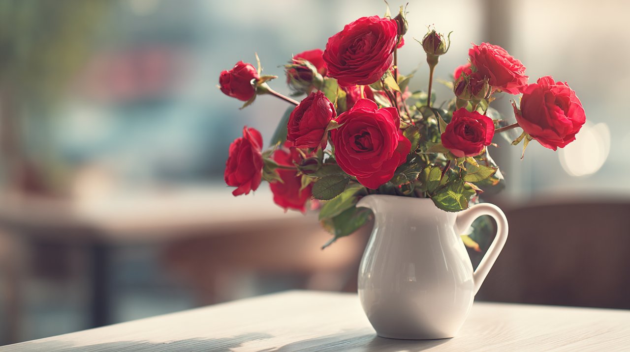 Vibrant red roses in a modern setting, symbolizing love.