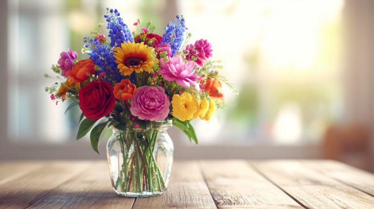 A vibrant bouquet of flowers in a modern, sunlit room.