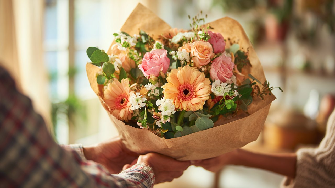 Hands gently receiving a beautifully wrapped bouquet of flowers.