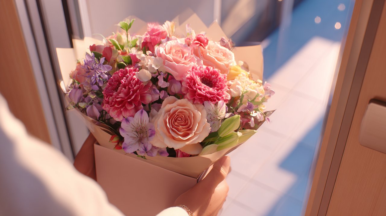 Uma pessoa a receber um bouquet de flores lindamente apresentado à porta de uma casa moderna em Xangai.