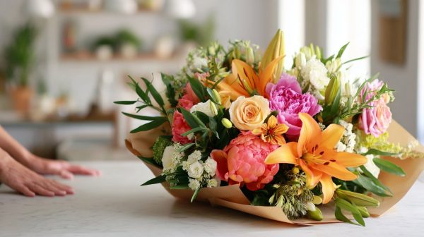 A beautifully arranged bouquet ready for international delivery to Shanghai.