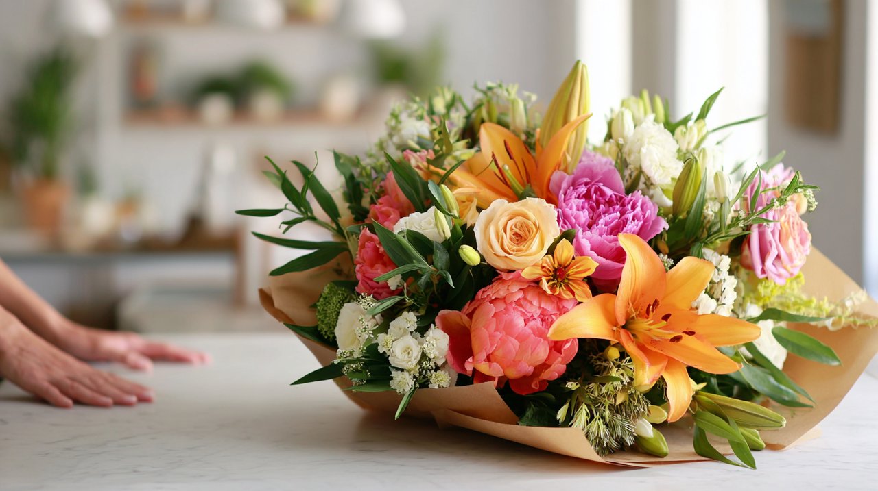 Um bouquet lindamente arranjado, pronto para entrega internacional em Xangai.