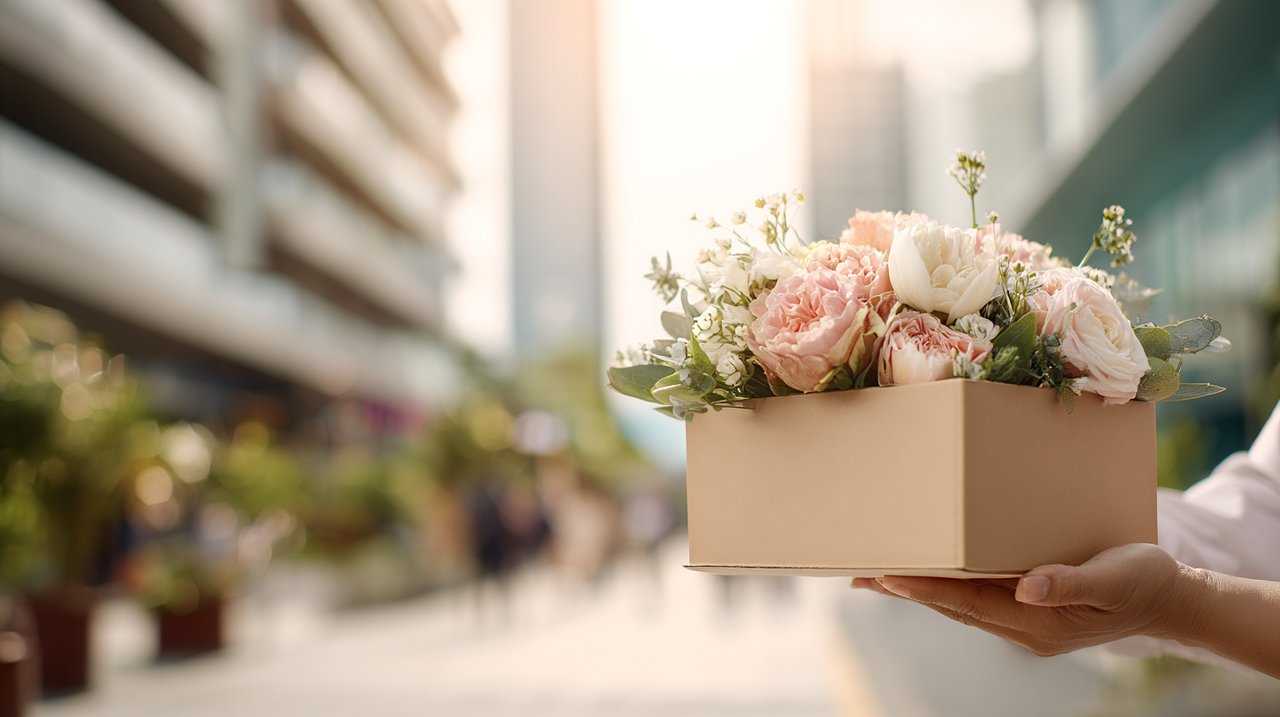 A professional courier's hands holding a neatly packaged flower box in an urban setting, ready for delivery in China.