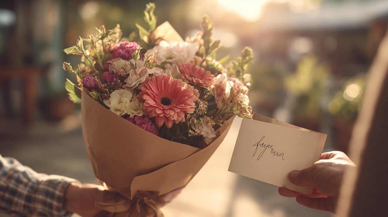 Hands holding a personalized flower bouquet with a handwritten card.