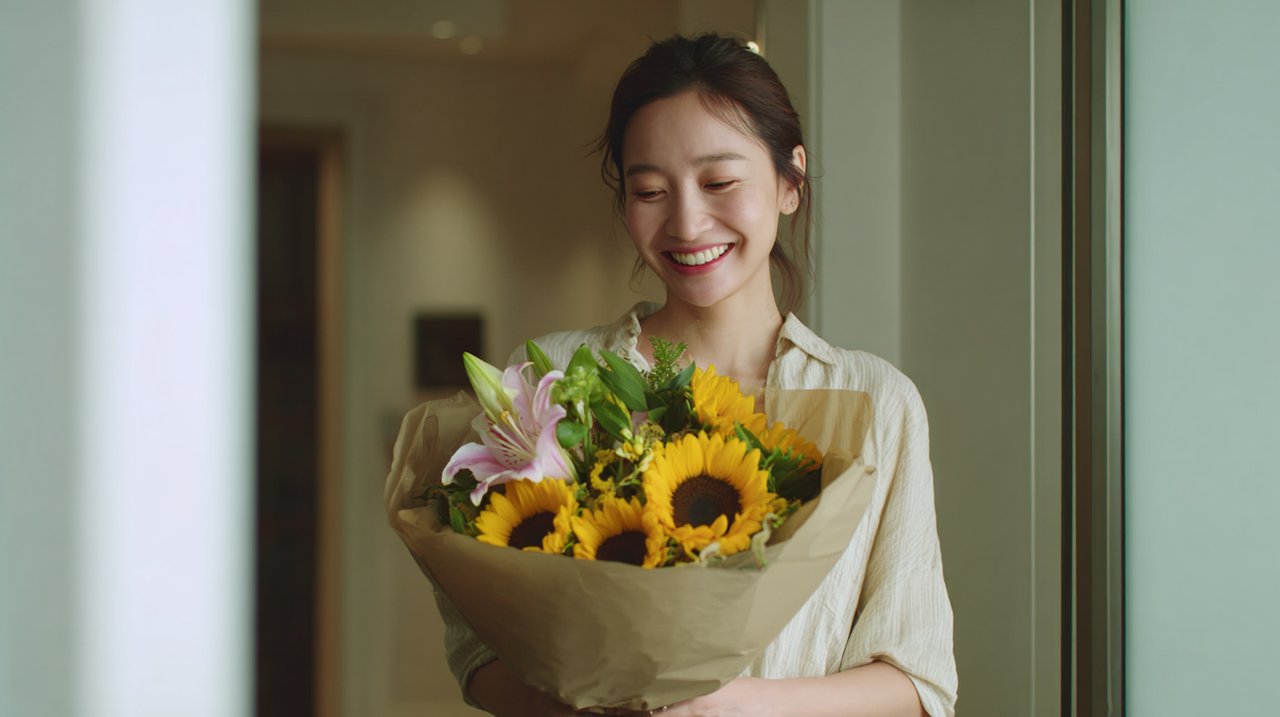 A happy recipient receiving a fresh flower delivery in China.
