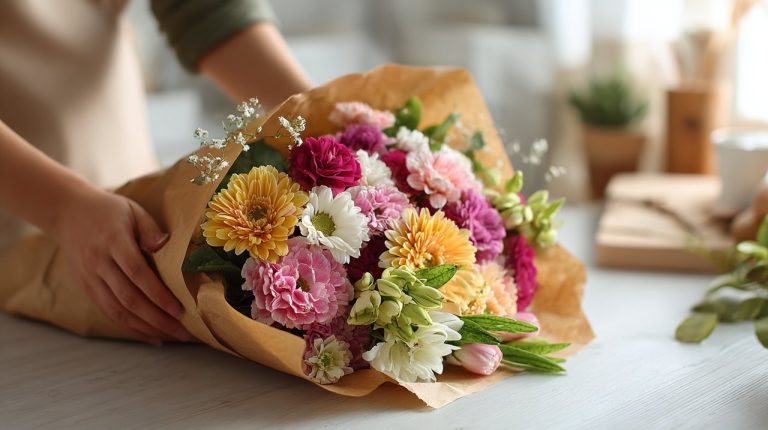A beautifully wrapped flower bouquet being prepared for international delivery, ensuring care and quality.