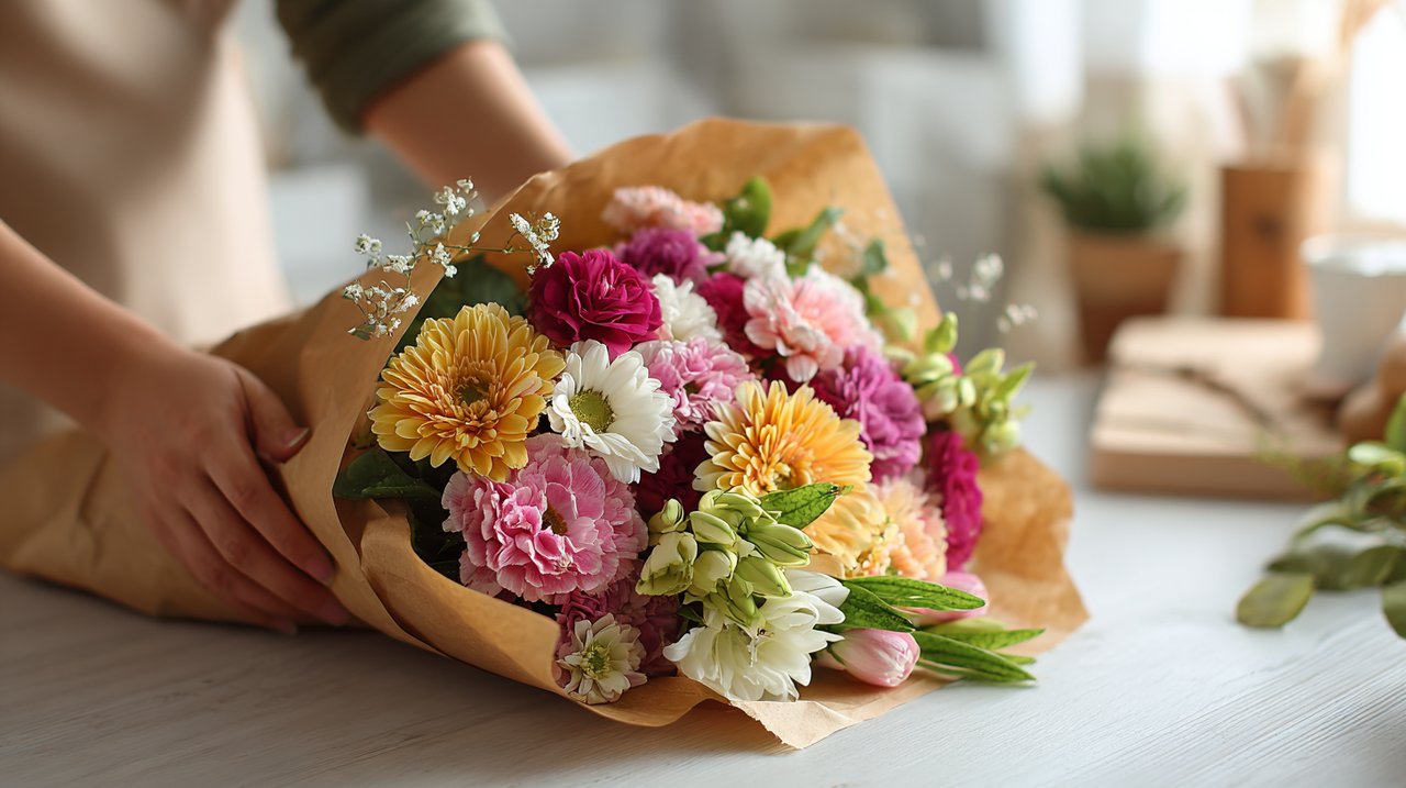 A beautifully wrapped flower bouquet being prepared for international delivery, ensuring care and quality.