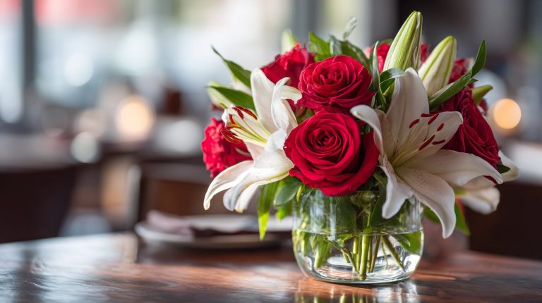Close-up of red flowers and lilies, representing good fortune and harmony in a modern setting.