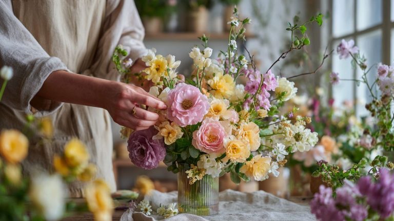 A local florist's hands expertly arranging a vibrant bouquet in a bright workshop.