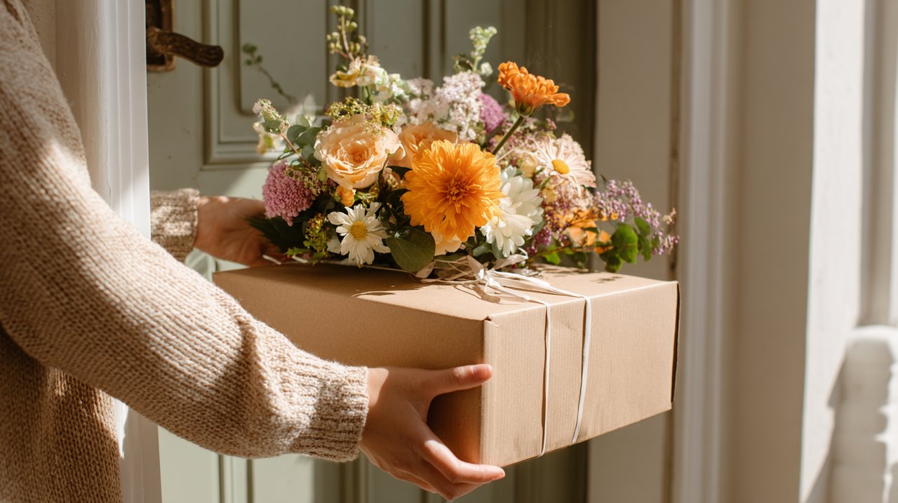 A beautifully packaged flower delivery box on a modern doorstep.
