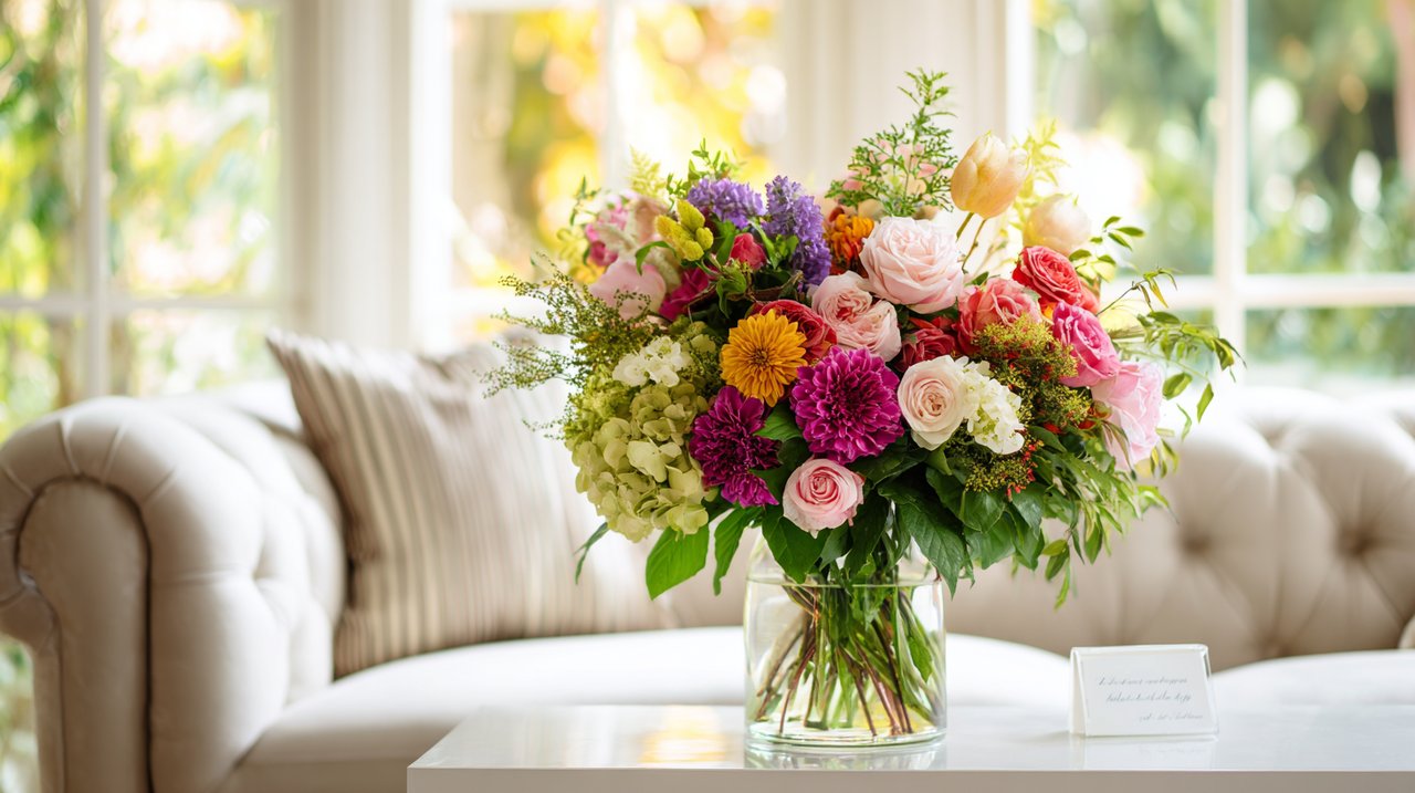 A stunning, vibrant bouquet of flowers in a modern living room, conveying heartfelt emotion.