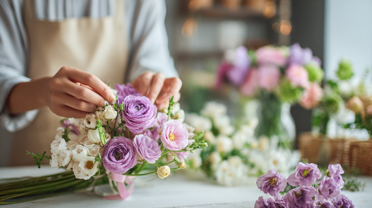 As mãos de um florista adicionando habilmente um toque personalizado a um bouquet de flores personalizado num estúdio moderno.