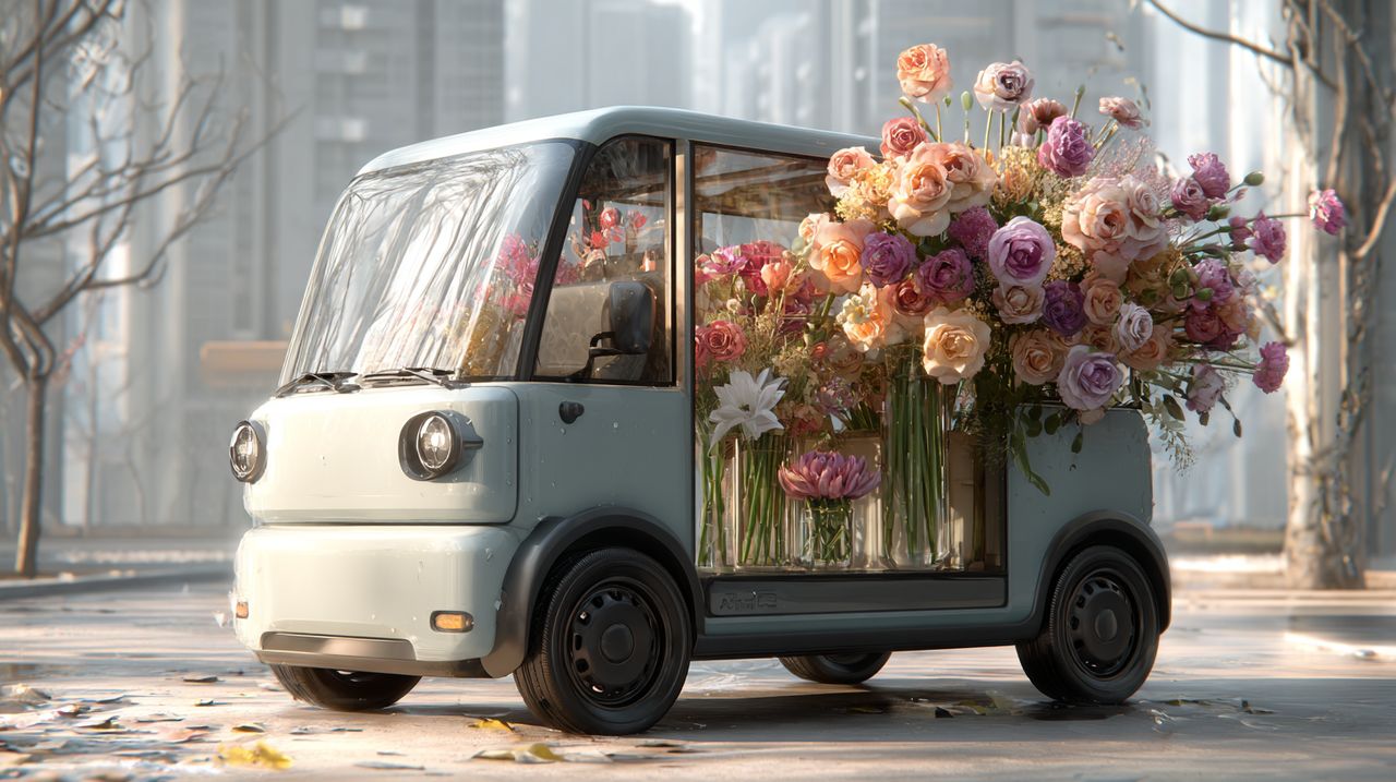 Um veículo de entrega moderno com flores frescas, simbolizando a logística eficiente no ambiente urbano de Shenzhen.