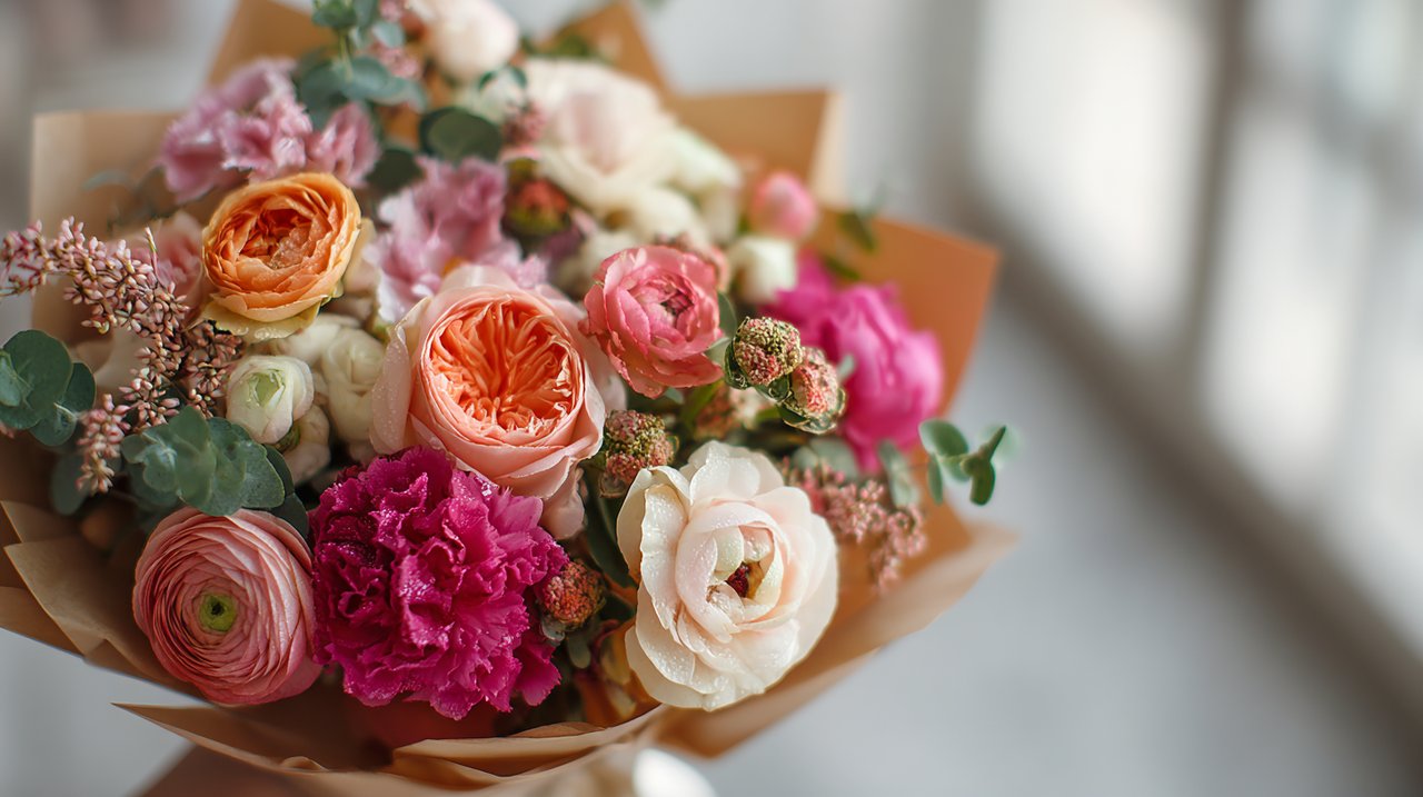 Um bouquet de flores lindamente arranjado sendo delicadamente recebido, enfatizando a conexão emocional num ambiente moderno.