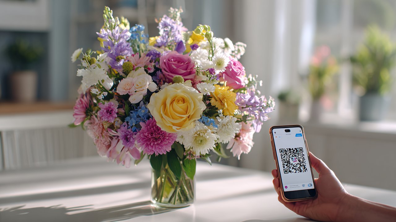 Destinatário escaneando um código QR em um buquê para uma mensagem de vídeo.