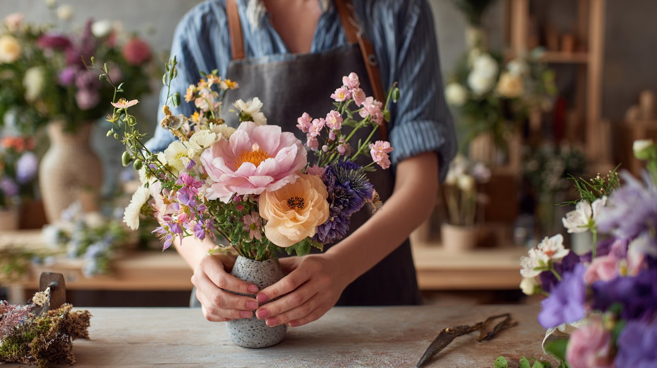Mãos de um florista arranjando um buquê único com elementos artesanais.