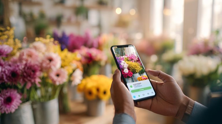 A smartphone displaying a flower delivery app, with hands interacting.