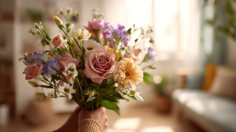 Person happily receiving a high-quality flower delivery.