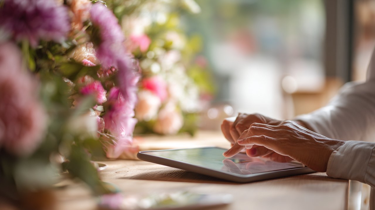 A close-up of hands interacting with a tablet displaying a modern online flower shop interface.
