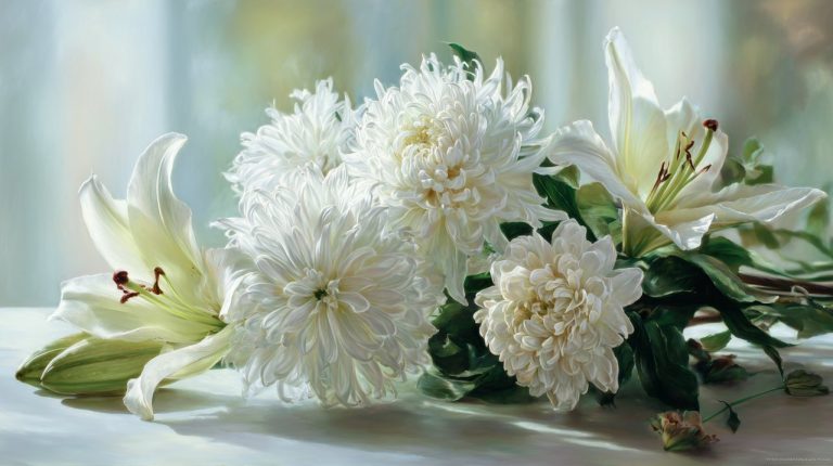 一组庄重的葬礼花卉安排,使用白色菊花和百合,恭敬地置于现代明亮的环境中。