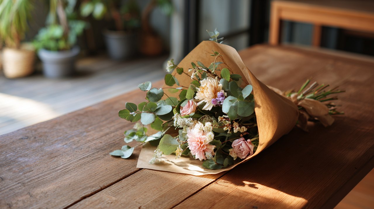 An eco-friendly bouquet in natural packaging, highlighting sustainability.