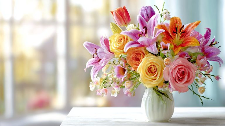 A vibrant and romantic bouquet of mixed Valentine's Day flowers.