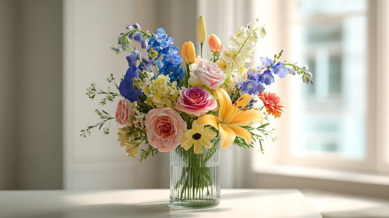 A vibrant floral arrangement demonstrating the 3:5:8 height principle in a modern setting.