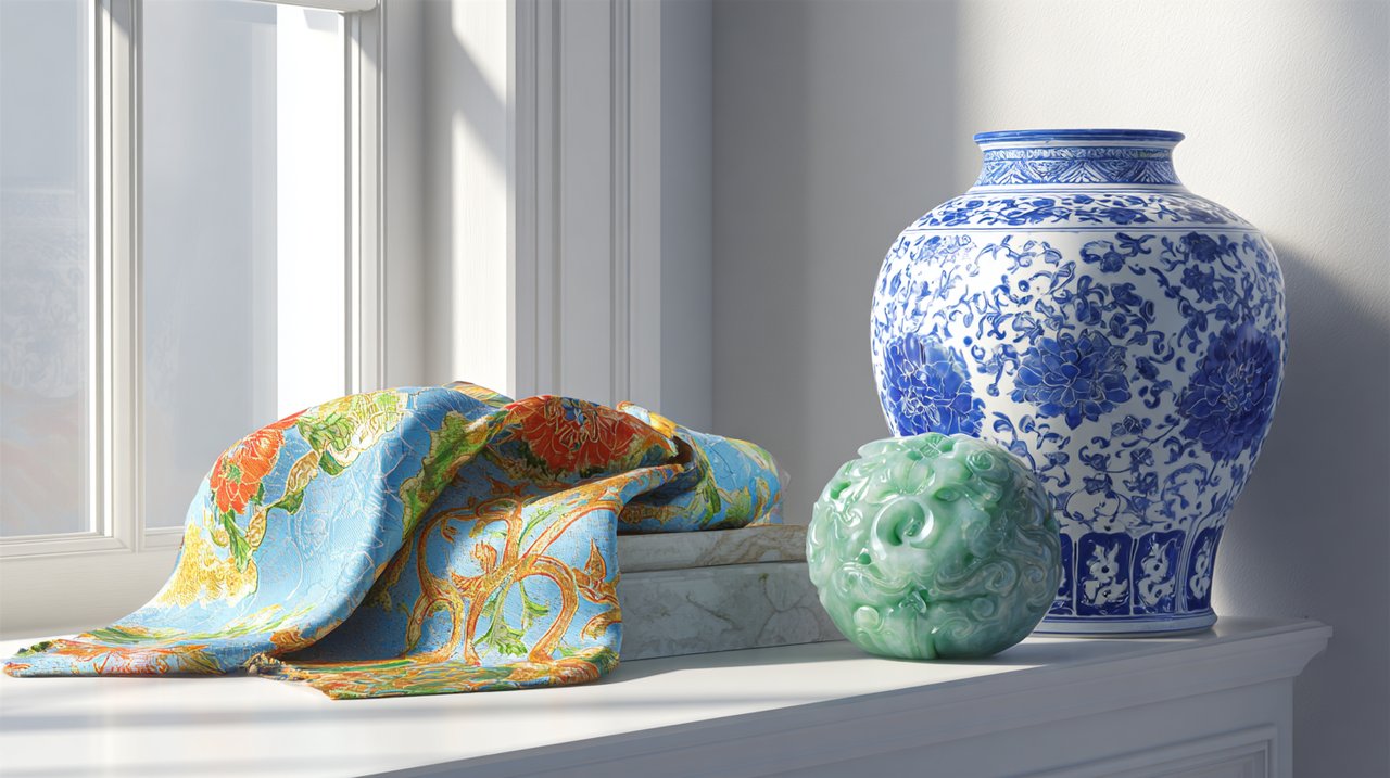 Eine elegante Präsentation authentischer chinesischer Handwerkskunst, darunter Porzellan, Seide und Jade, in einem modernen Ambiente.