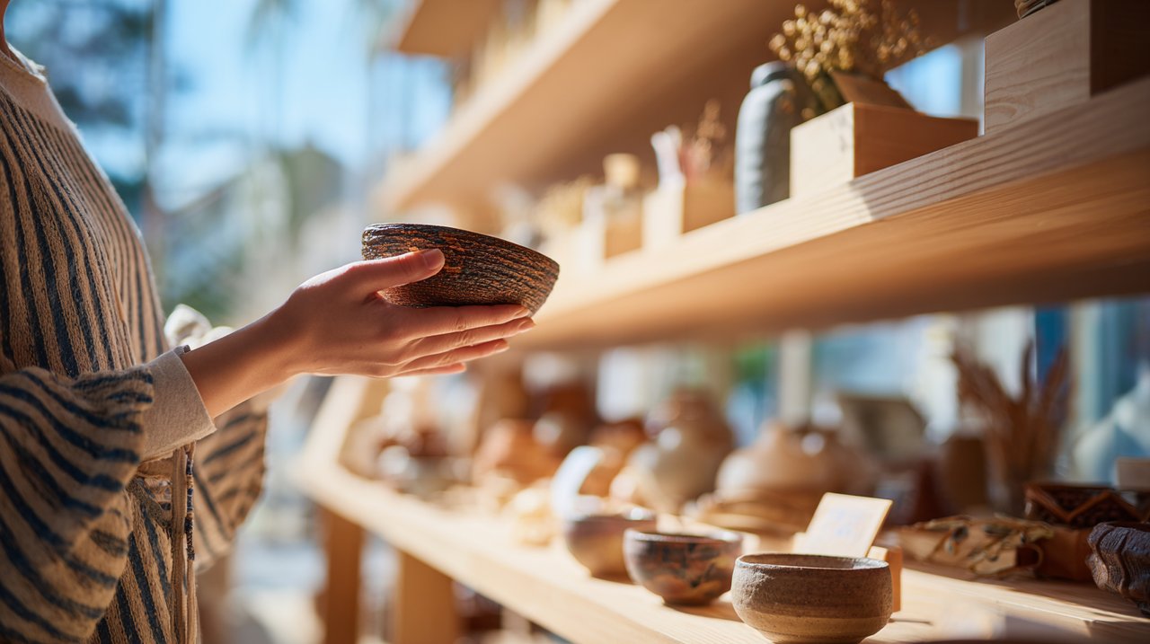 Eine Person erkundet einzigartige chinesische Kulturgüter in einem hellen, authentischen lokalen Handwerksladen.