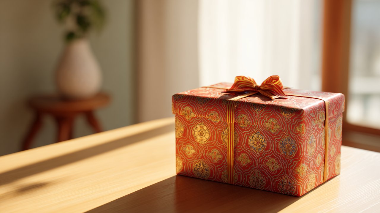 A beautifully wrapped gift with subtle Chinese cultural patterns on a modern table.