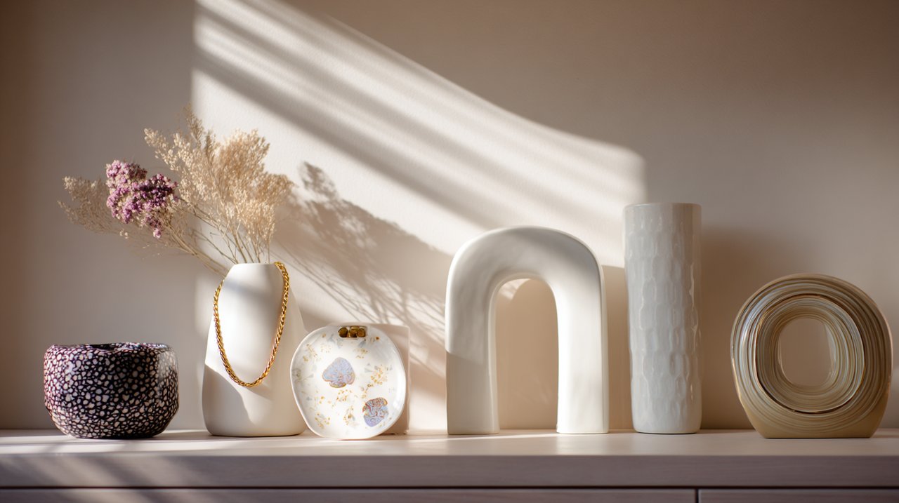 Kurzfristig zusammengestellte Sammlung zeitgenössischer Porzellankunst in einem hellen, modernen Interieur.