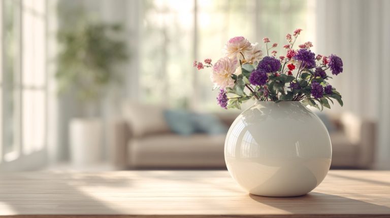 Modern white porcelain vase in a bright, airy living room, symbolizing strength and delicate beauty.