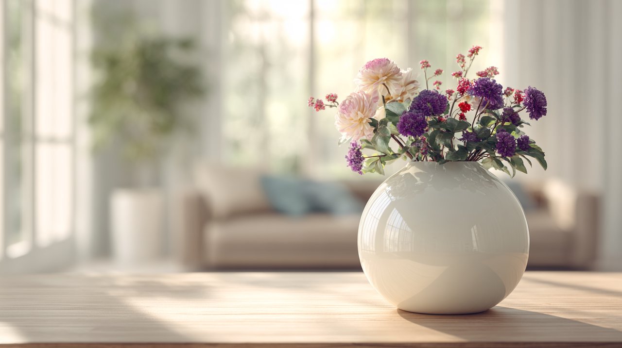 Modern white porcelain vase in a bright, airy living room, symbolizing strength and delicate beauty.