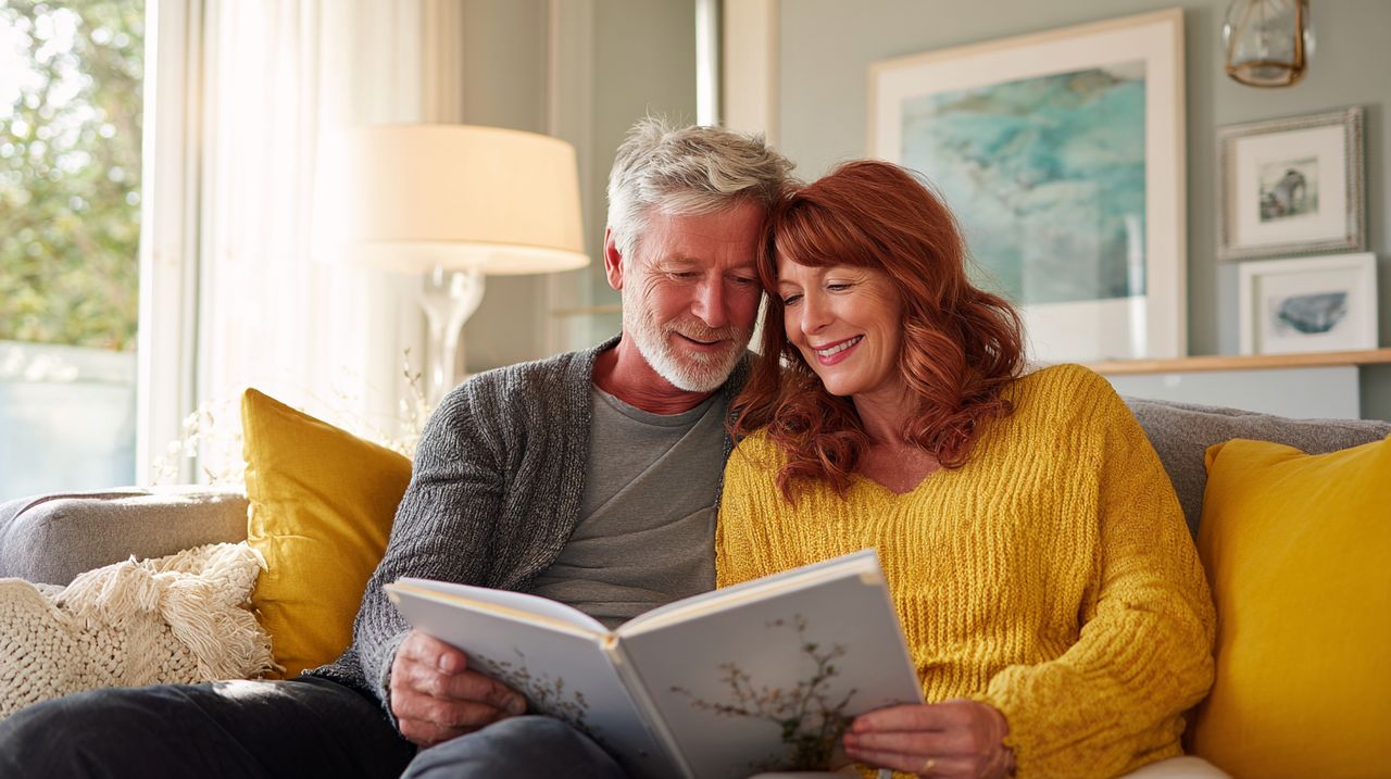 Freudiges Paar blättert in einem personalisierten, seidenbezogenen Fotoalbum in einem modernen Wohnzimmer.